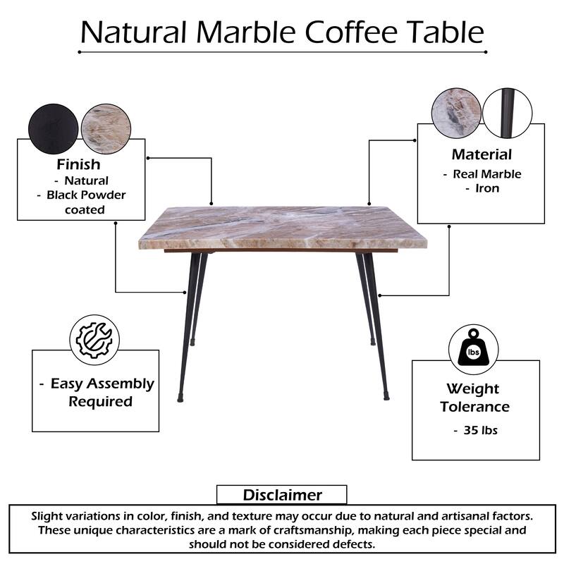 Taro Coffee Table, 24 Inch Square Taupe Brown Real Marble Top, Black Metal Legs