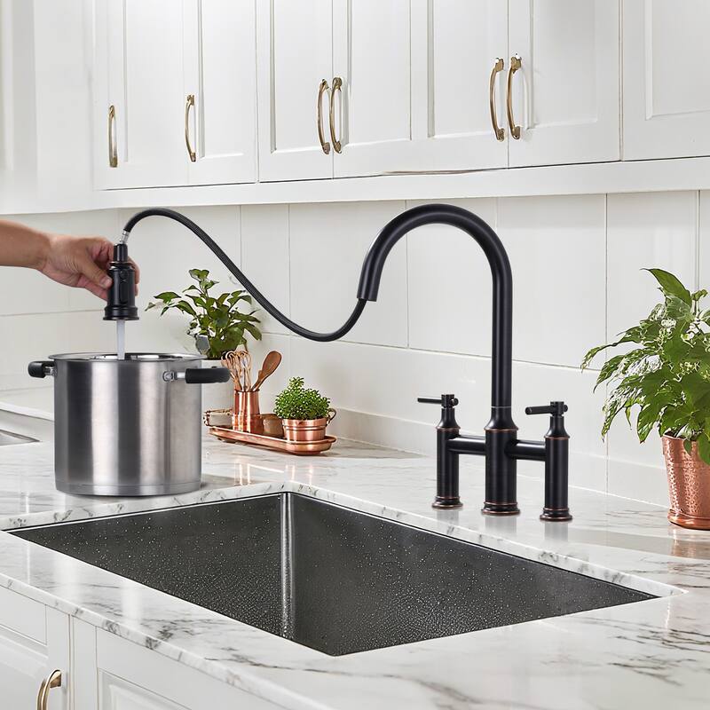 WOWOW Double Handle Pull Down Sprayer Bridge Kitchen Faucet