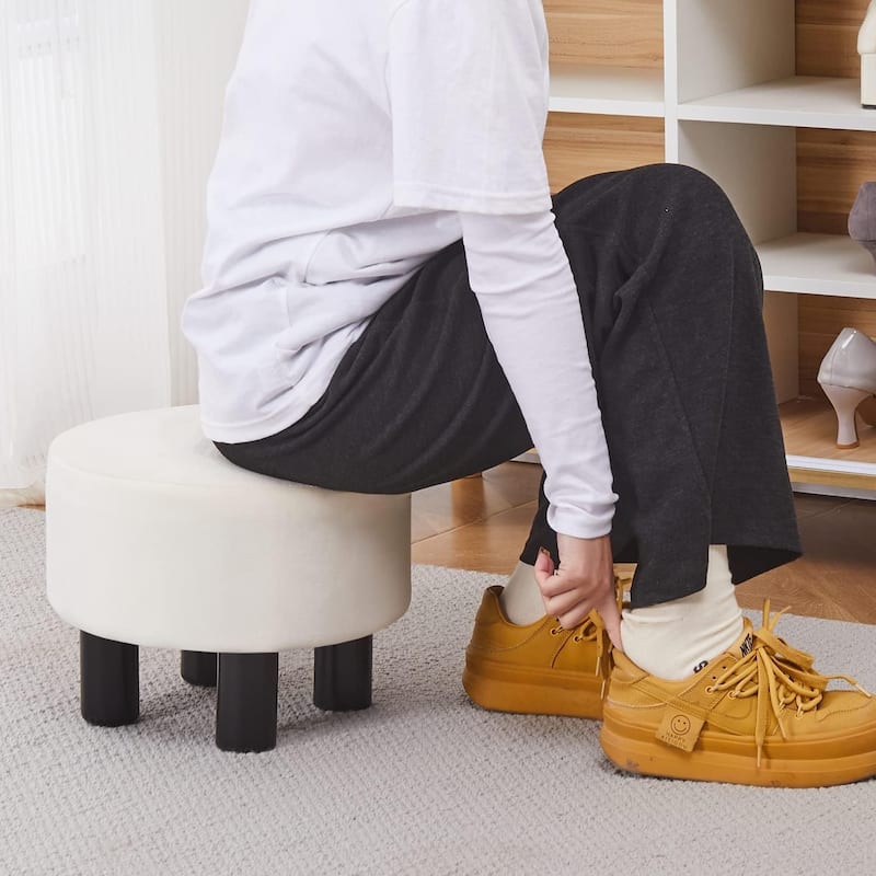 Modern Small Round Linen Ottoman Footstool with Wooden Legs for Bedroom or Living Room