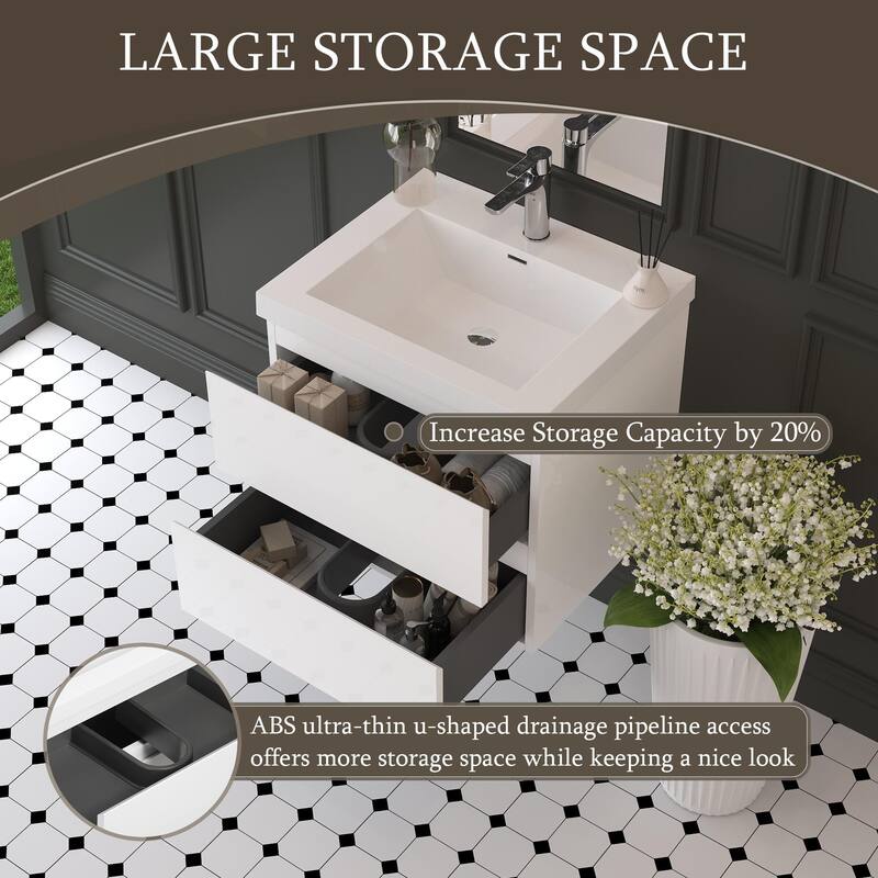 Modern Wall-Mounted Bathroom Vanity with White Solid Surface Top