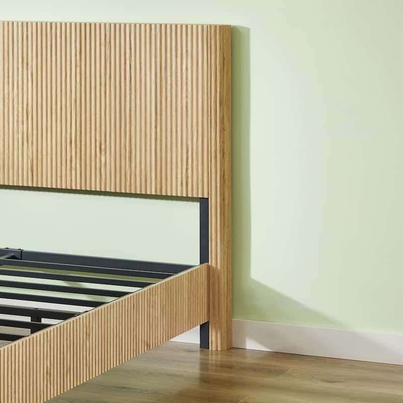 Low Profile Platform Bed, Wooden Corrugated Curved Lines Headboard Wingback Bed, Metal Slat Support Bed Frame