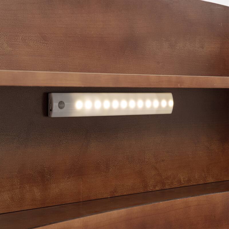 Full Size Pine Bed w/ Bookcase Headboard ,LED Sensor Light, Guardrails