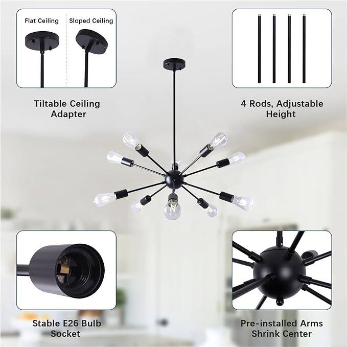 10-Light 23.54-inch Sputnik Chandelier Light for Kitchen Island Study