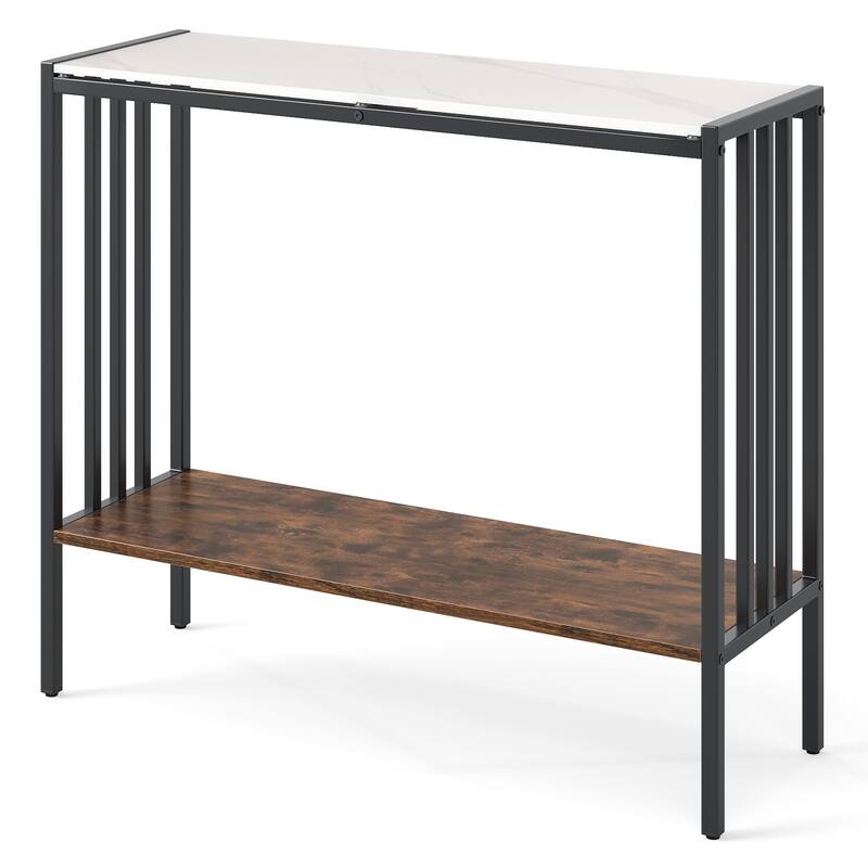 36 Inch 2-Tier Narrow Console Table with Sintered Stone Top and Metal Frame for Entry or Living Room - 36" x 12" x 30"