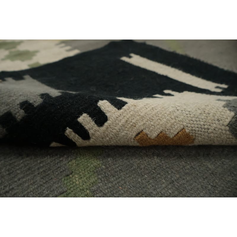 Hand Woven Oriental 100% Wool Carpet Southwestern Modern Greys & Charcoal Kilim Area Rug - 13' 0'' X 9' 10''