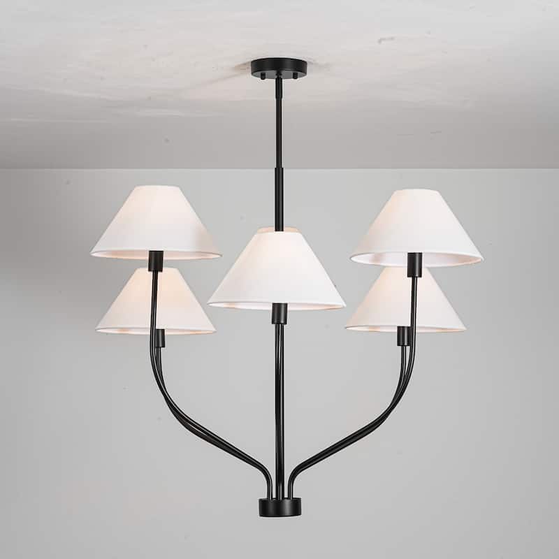 6-Light Modern Gold/Matte Black Sputnik Staggered Large Chandelier with Cone White Fabric Shade - Black/White