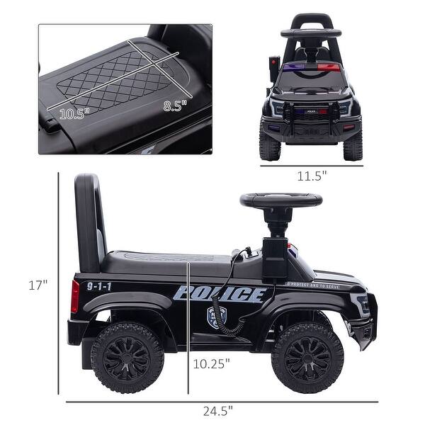 dimension image slide 2 of 3, Kids Police Push Ride-On Car with PA System, Horn, Steering Wheel & Storage, Foot-to-Floor Sliding Toy for Ages 18-60 Months