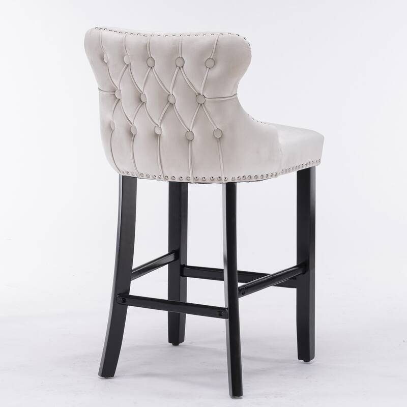 Velvet Wingback Bar Stools Set of 2, Button Tufted Dining Chairs with Footrest, Upholstered Counter Stools with Wooden Legs