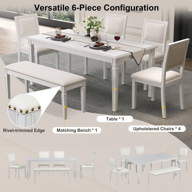 6 Piece Dining Table Set Extension from 59 to 72-Inches, Wood Kitchen Dining Table Set with 4 Upholstered Chairs & Bench