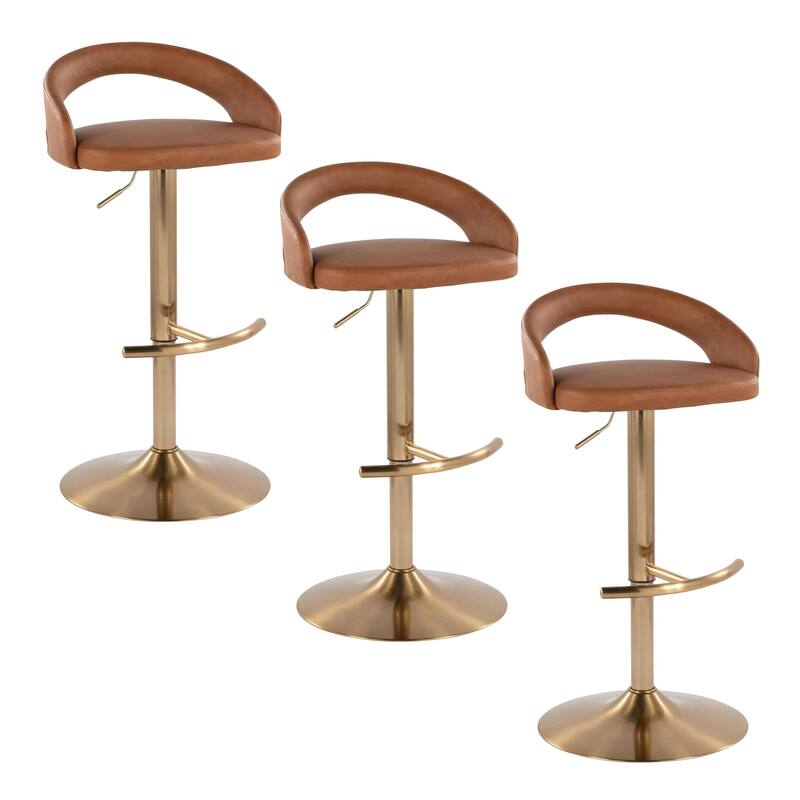 Grotto Upholstered Adjustable Barstool with Gold Metal - Set Of 3 - Camel Faux Leather