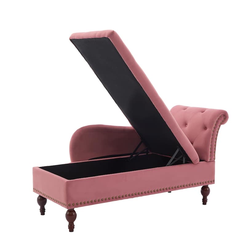 Velvet Chaise Lounge with a Storage Function, Tufted Cushions & Nailheads