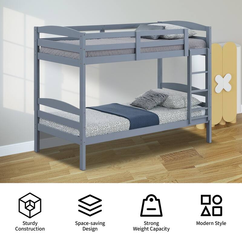 Grey Wood Twin Over Twin Bunk Bed with Staircase