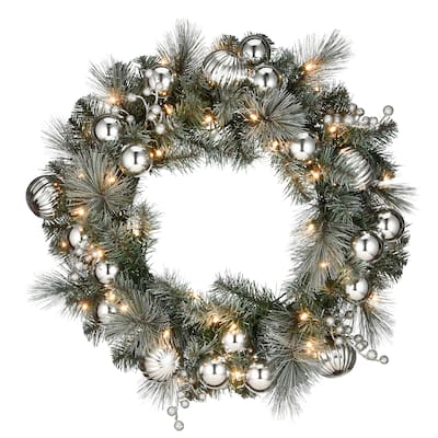 24" Frosted Silver Pine Wreath with Battery Operated LED Lights - Green - 24in