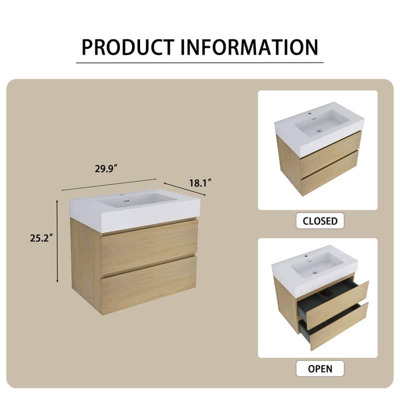 24/30/36 inch Wall-Mounted Bathroom Vanity Set in Oak with Integrated Resin Sink