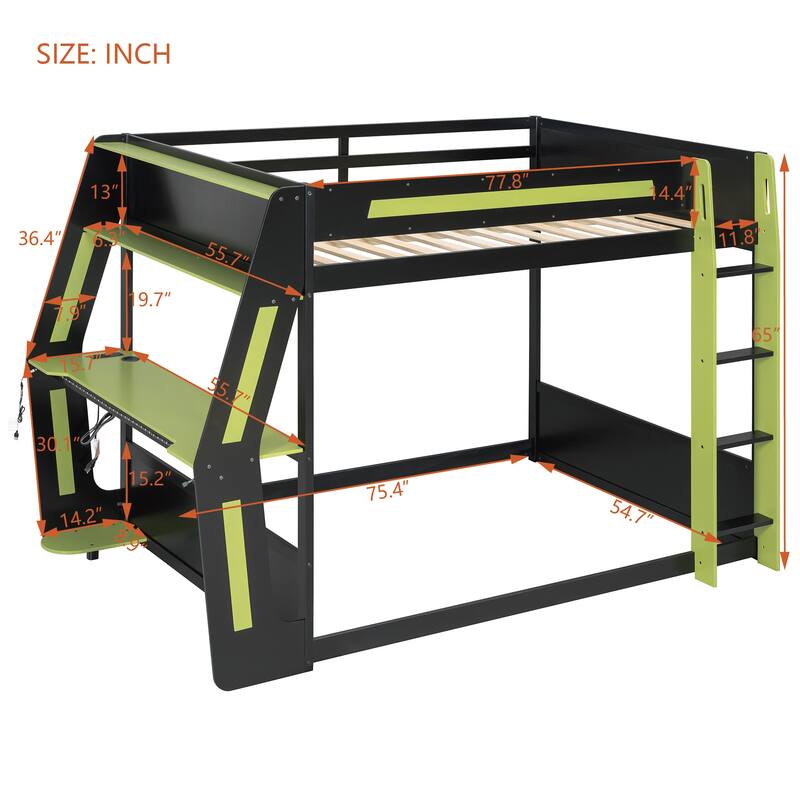 Full Size Gaming Loft Bed with RGB Desk, USB Charging Ports, LED Lights, Heavy Duty Esports Bunk Bed
