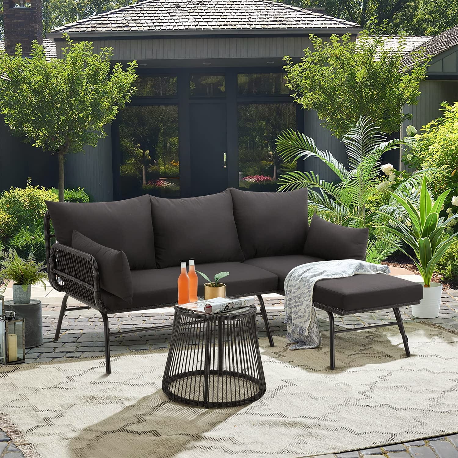 EROMMY 3-Piece Patio Conversation Set with Glass Table & 2 Armchairs, Seat Cushions