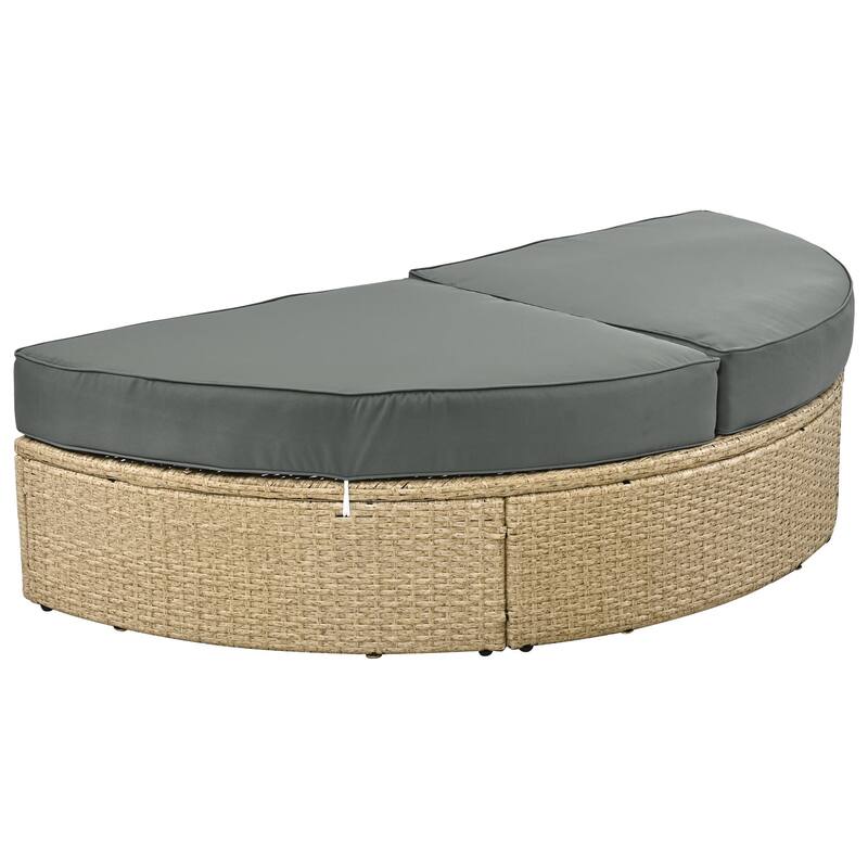 Brown Wicker Rattan Outdoor Day Bed with Gray Cushions and Gray Retractable Canopy