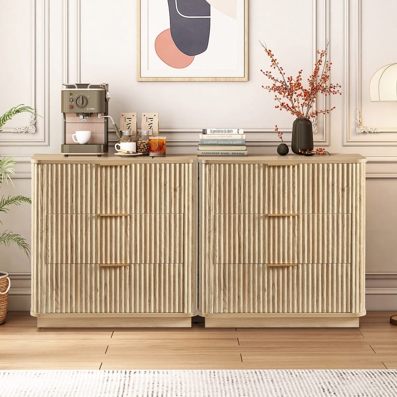 Modern Fluted 3-Drawer Dresser Nightstand with Easy Clean Waterproof Surface (Set of 2) - Oak