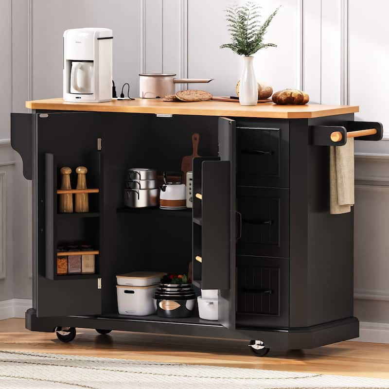 Farmhouse Kitchen Island with Drop Leaf & Power Outlet, 56" Folding Kitchen Table with 6 Drawers and 4 Shelves, Towel Rack