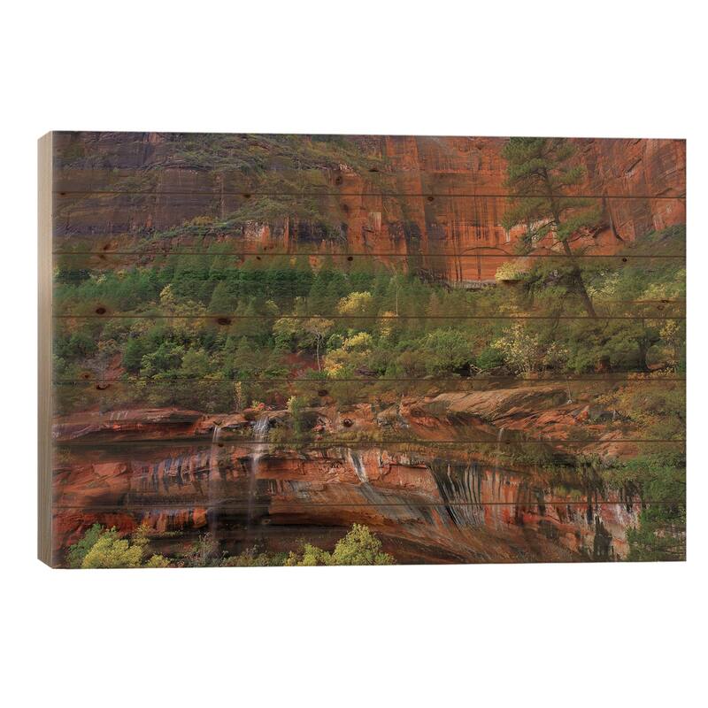 Cascades Tumbling 110 Feet At Emerald Pools, Note The Black Streaks, Utah IV Print On Wood by Tim Fitzharris - Multi-Color - 18x26x1.5