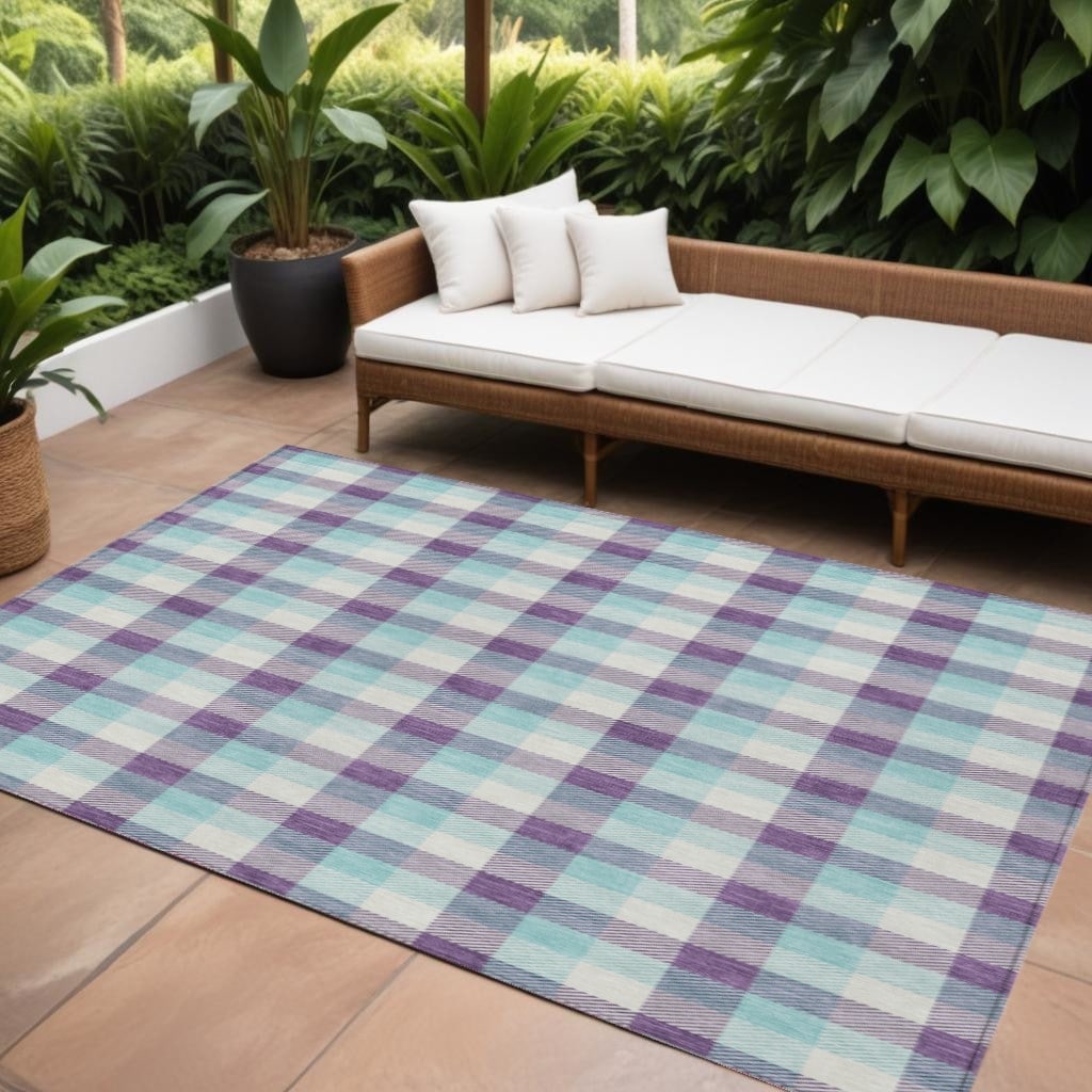 10' X 14' Purple Aqua And Beige Plaid Washable Indoor Outdoor Area Rug - 9' x 12'