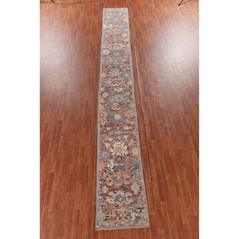 Hand Knotted Oriental 100% Wool Carpet Transitional Floral Multi-Colored Oushak Runner Rug - 19' 5'' X 2' 4''