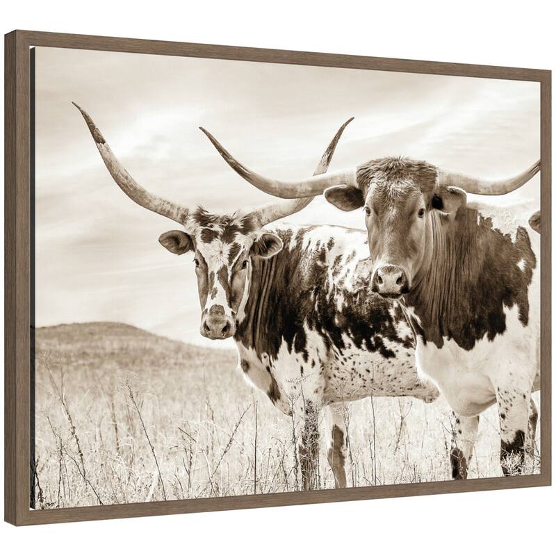 Kate and Laurel Sepia Texas Longhorn Cattle in Pasture by The Creative Bunch Studio Framed Canvas Wall Art Print - 18x24 - Walnut