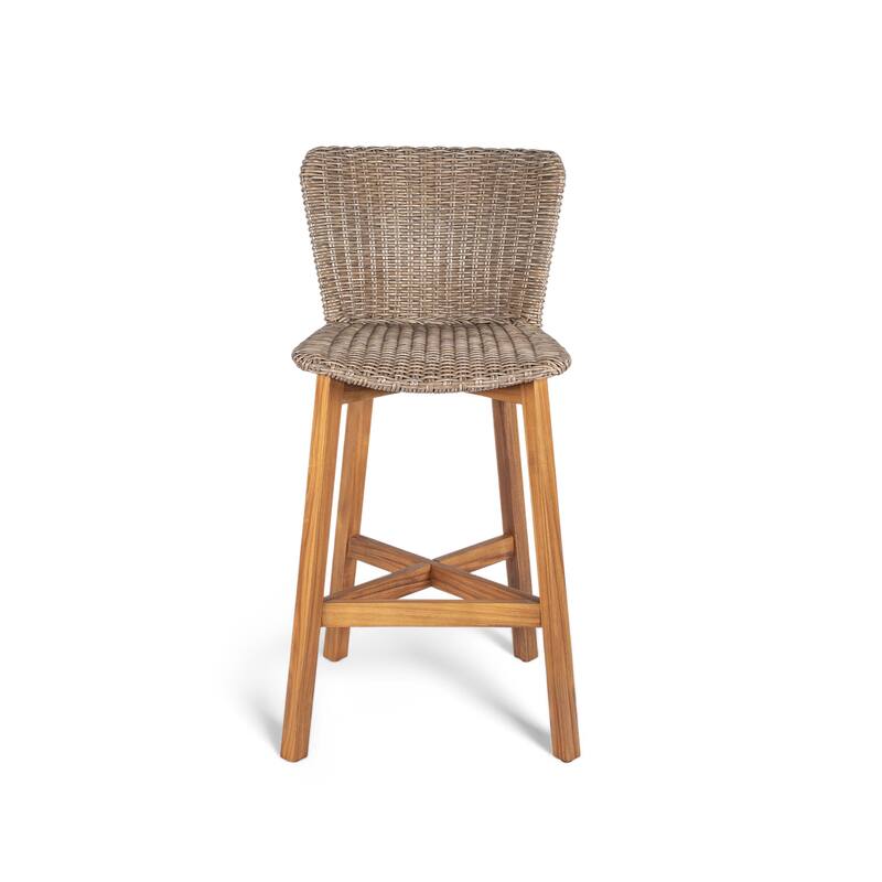 Roomfitters Lymington Outdoor Acacia Wood Barstools with Wicker Seat, Teak Finish and Light Brown Set of 2