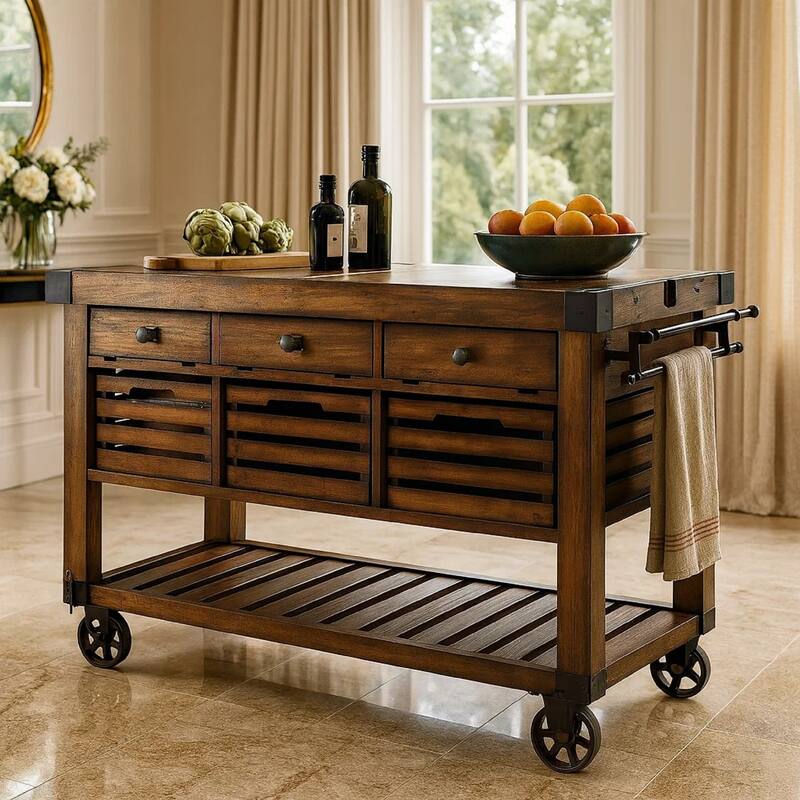 Wood & Metal Kitchen Cart, Distress Chestnut Brown