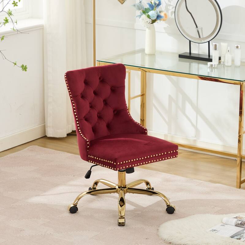 Velvet Swivel Office Chair with Wheels, Tufted Button Home Office Chair, Adjustable Vanity Chair with Metal Base