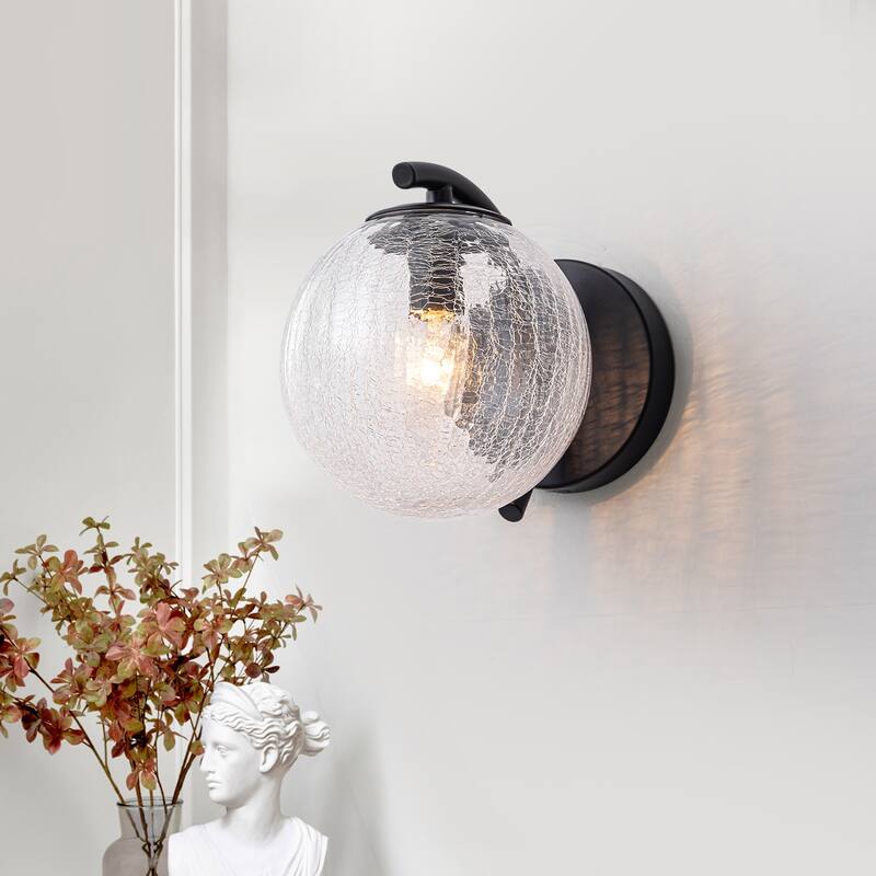 Modern Matte Black Metal Wall Sconce Round Clear Cracked Glass Shade - H-6.77 in.