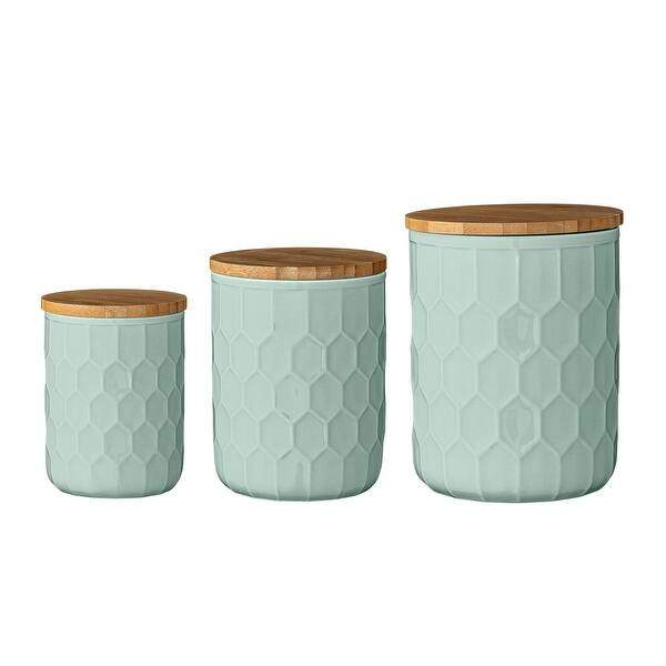 slide 1 of 1, Set of 3 Mint Green Canisters with Bamboo Lids