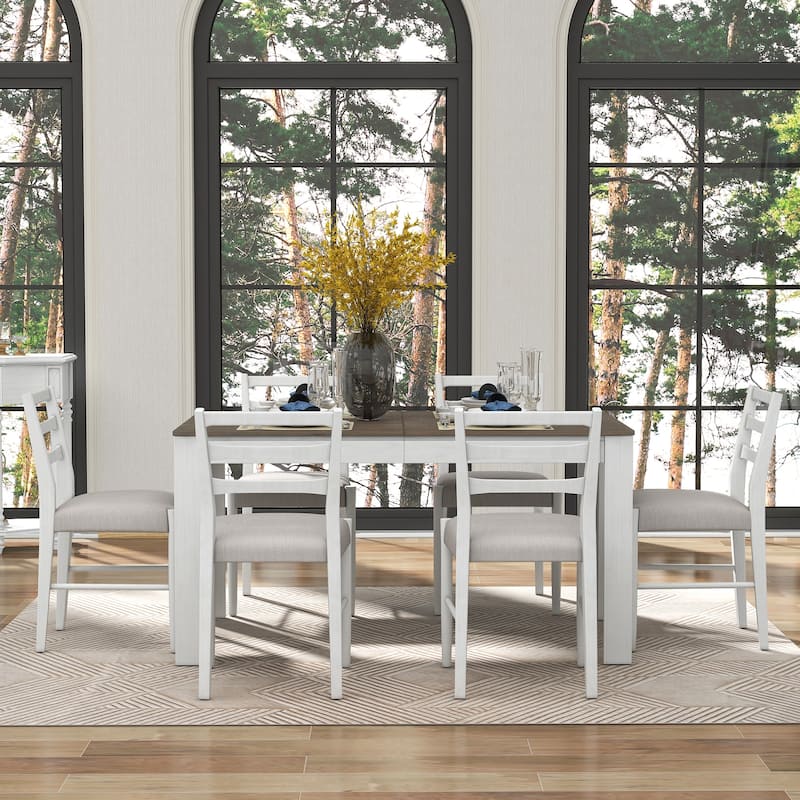 7-Piece Wooden Dining Table Set with Extendable Table and Storage Drawers for Family Gatherings