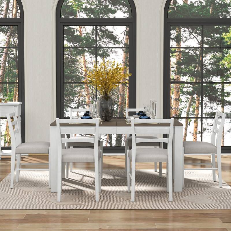 Brown+White Rustic 7-Piece Wooden Dining Table Set with 6 Chairs & Extendable Table