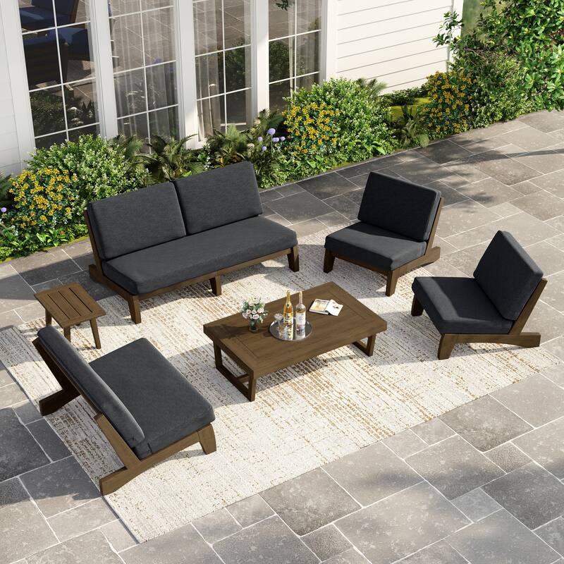 Casual Large Teak Outdoor Patio Conversation Set - Natural Wood - Dark Grey-6 Piece