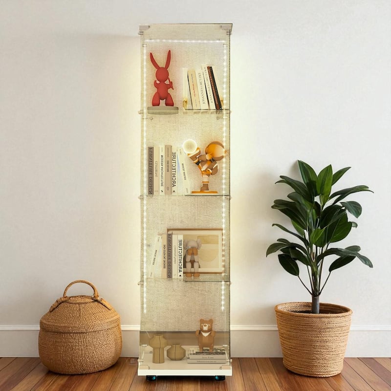 Tempered Glass Display Cabinet with Bluetooth LED Lights, Lockable Doors, Storage Shelves and Casters - White