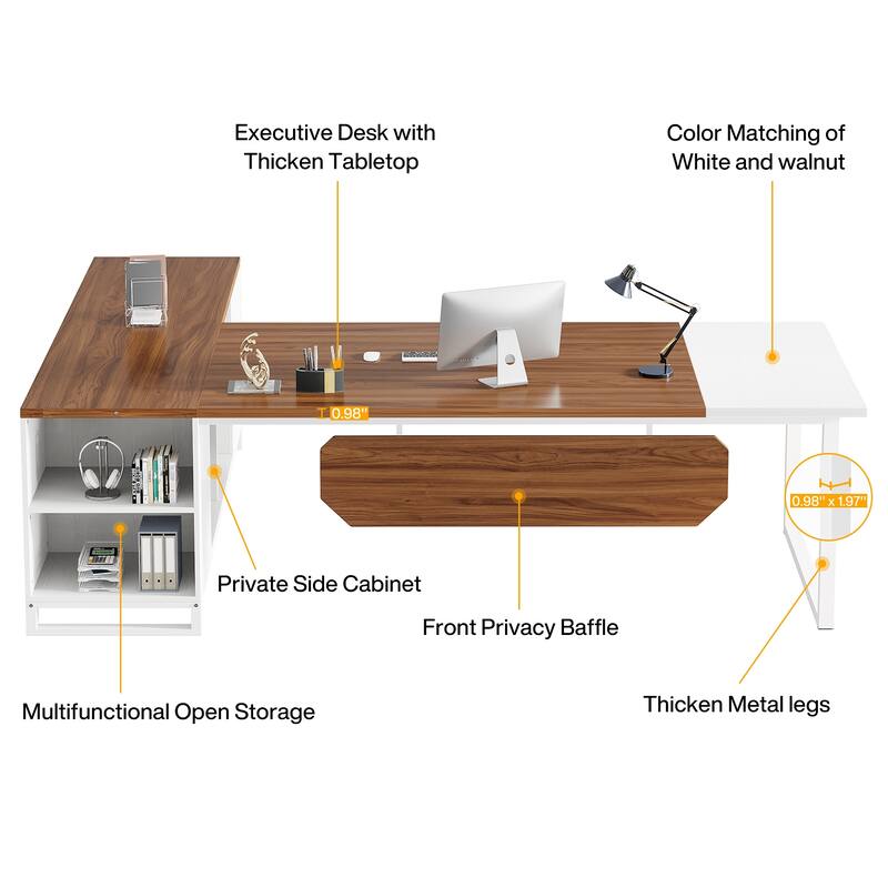 70.8-Inch Executive Desk with 55-Inch File Cabinet, Large L Shaped Computer Desk with Storage Cabinet and Shelves