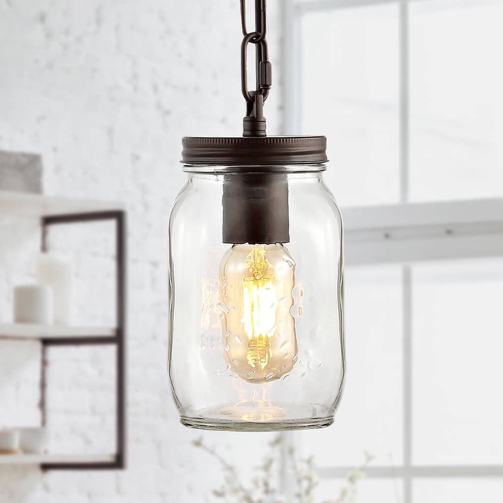 Gaines 5.5" 1-Light Farmhouse Industrial Iron Mason Jar LED Pendant, Oil Rubbed Bronze/Clear by JONATHAN Y
