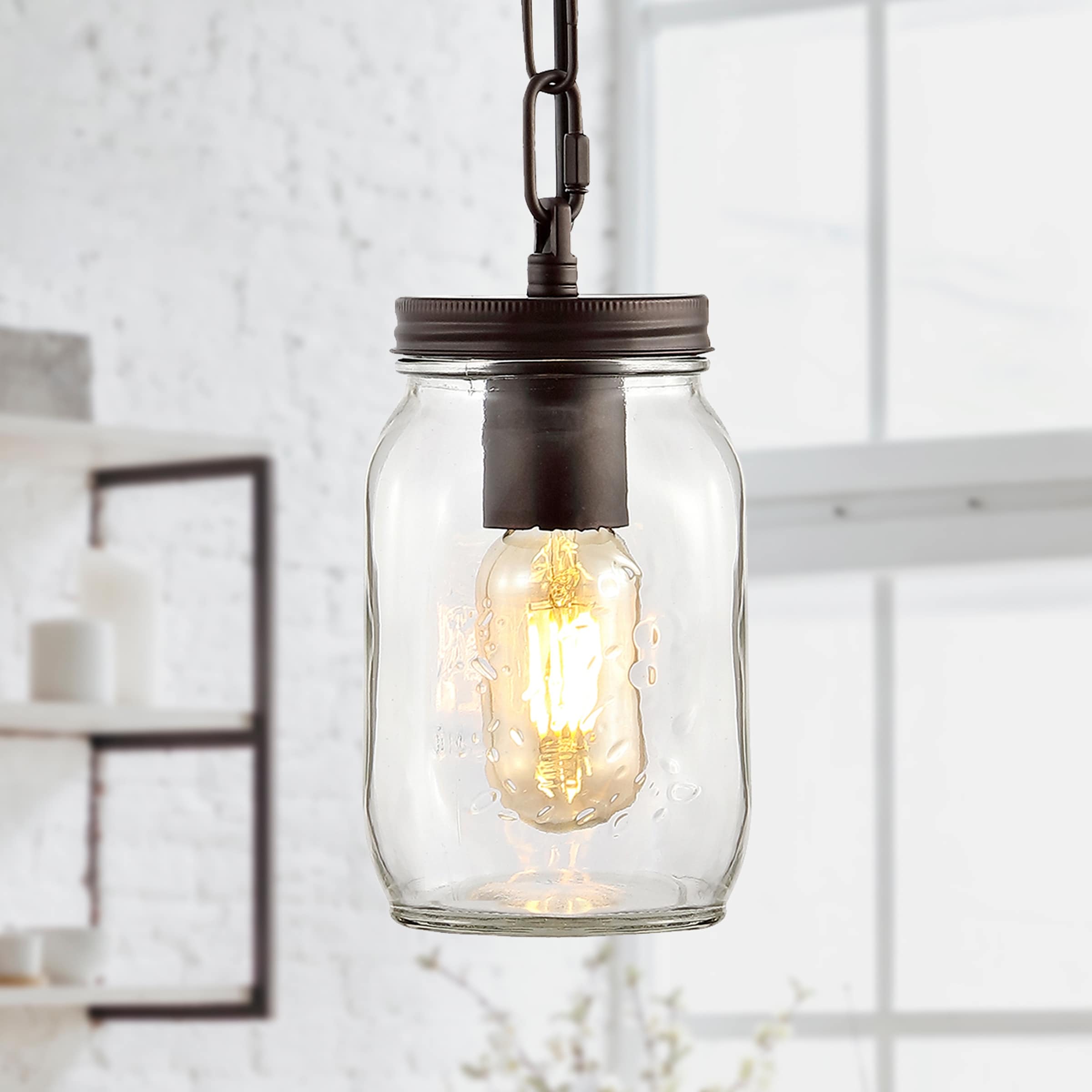 JONATHAN Y Gaines 5.5" 1-Light Farmhouse Industrial Iron Mason Jar LED Pendant, Oil Rubbed Bronze/Clear