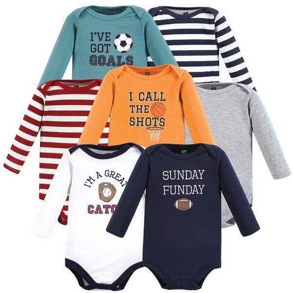 slide 1 of 1, Hudson Baby Cotton Long-Sleeve Bodysuits, Sports Stripes 0-3 Months - Sports Stripes