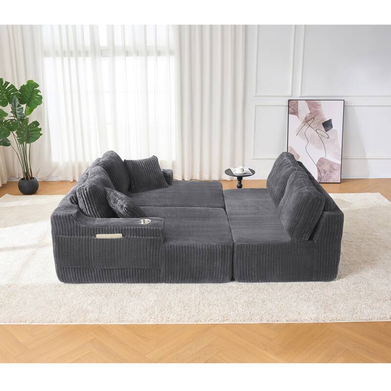 130" U-Shaped Corduroy Sectional Sofa with Cup Holders, No Assembly Required