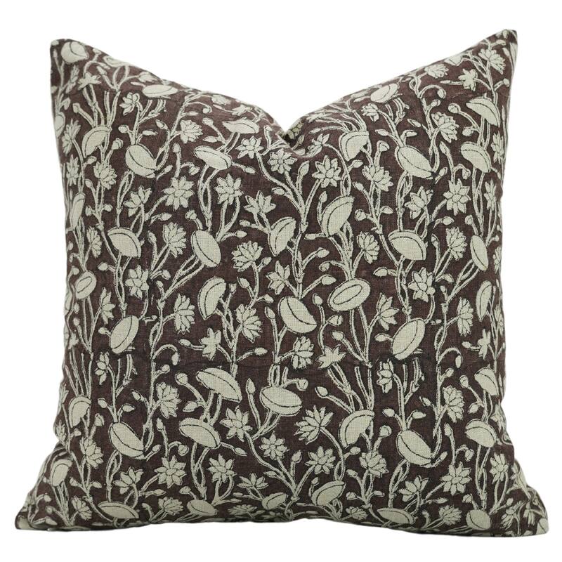 Fabdivine Block Print 12x20 Inch Pillow Cover Pure Linen Floral Farmhouse Decor Accent for Brown Soft, Cushion Case, Kanak Buti - Pillow Covers - Pista- Chocolate Brown - 12" x 20"