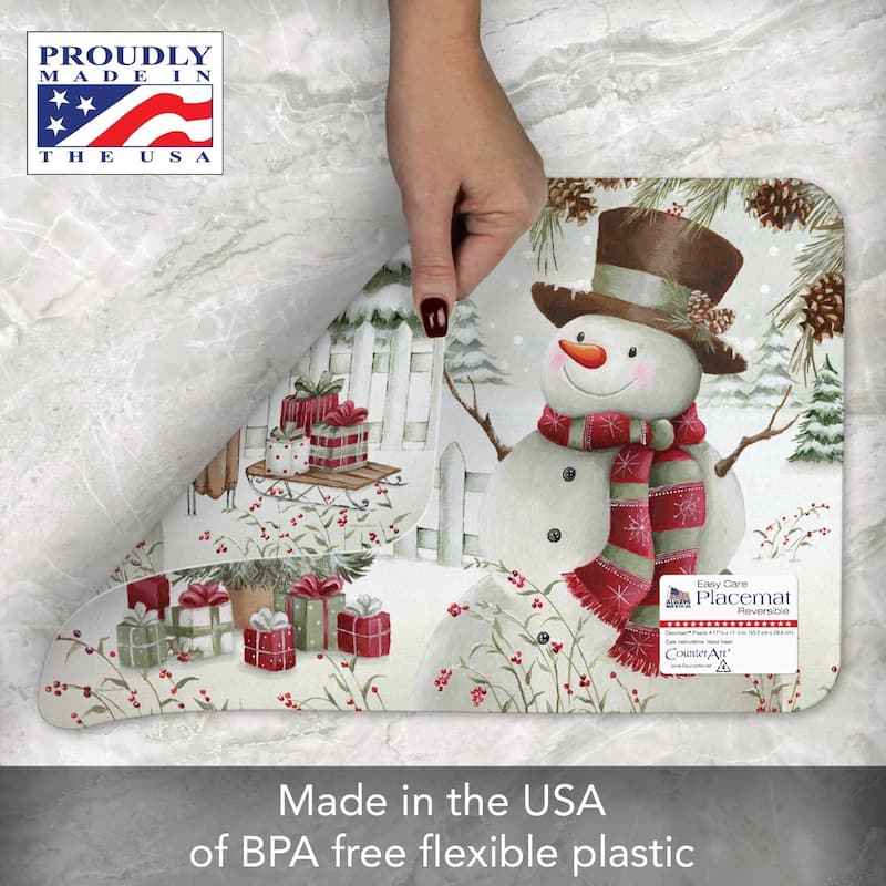 CounterArt Brown Hat Snowman, Reversible Easy Care Flexible Plastic Placemat 4 Pack Made in The USA