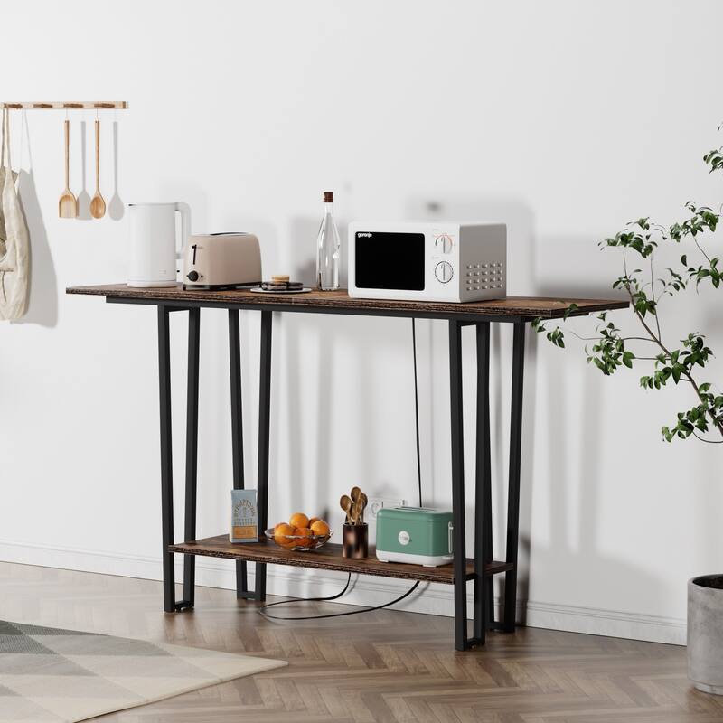 Console Table with Outlets for Entryway, Sofa Table with Wood Shelves, Industrial Entryway Table Foyer Table