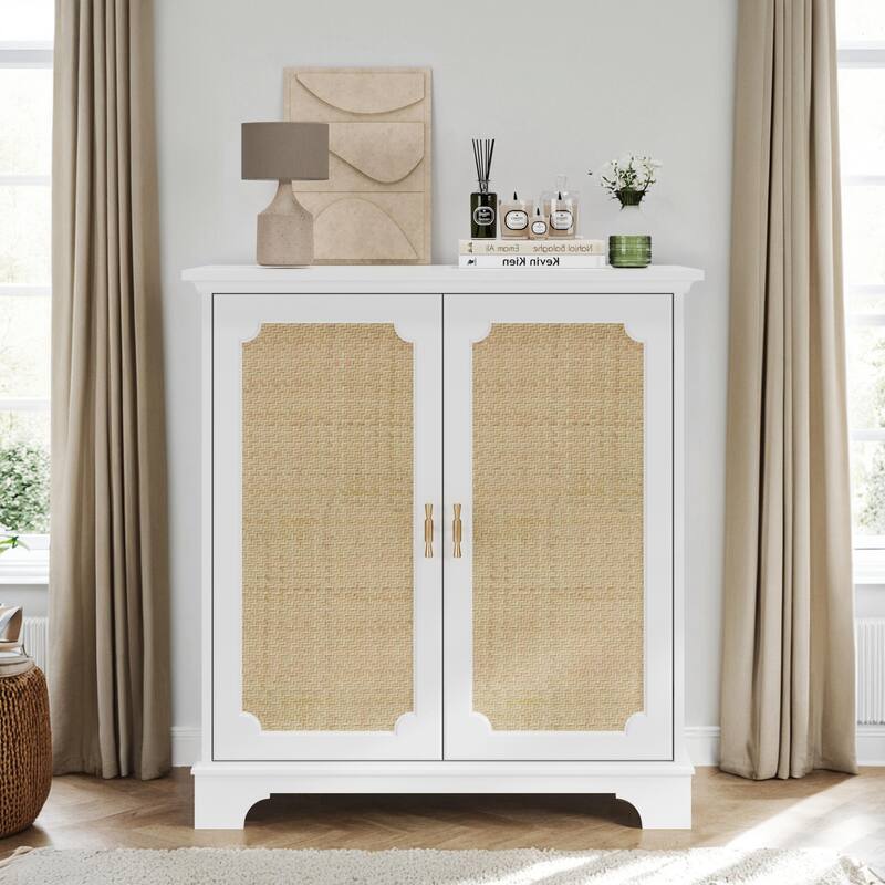 Roomfitters Coastal Storage Cabinet with Rattan Decorated Doors, Boho Sideboard Organizer with Adjustable Shelf, White