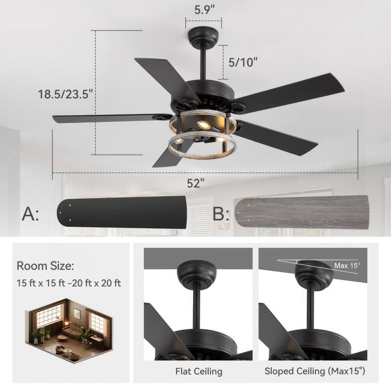 52" Reversible 5-Blade Caged Ceiling Fan with Light and Remote
