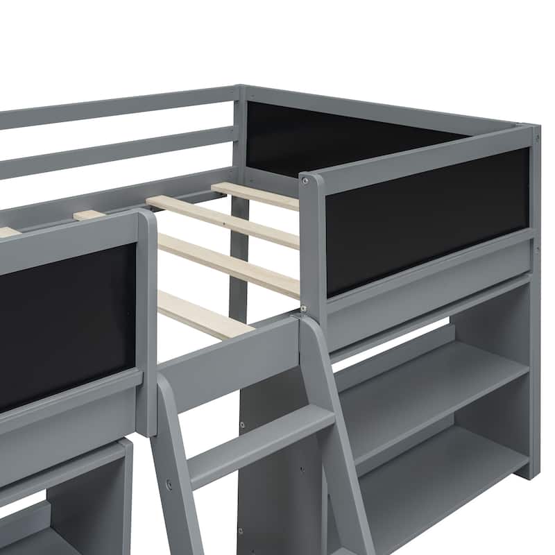 Twin Size Low Loft Bed with Two Movable Shelves, Ladder and Chalkboard, Kids Low Loft Bed Frame No Box Spring Needed for Boys