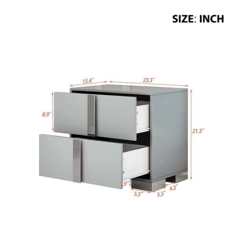 Elegant Nightstand with Metal Foot, Mirrored Bedside Table with 2 Drawers for Bedroom, Living Room