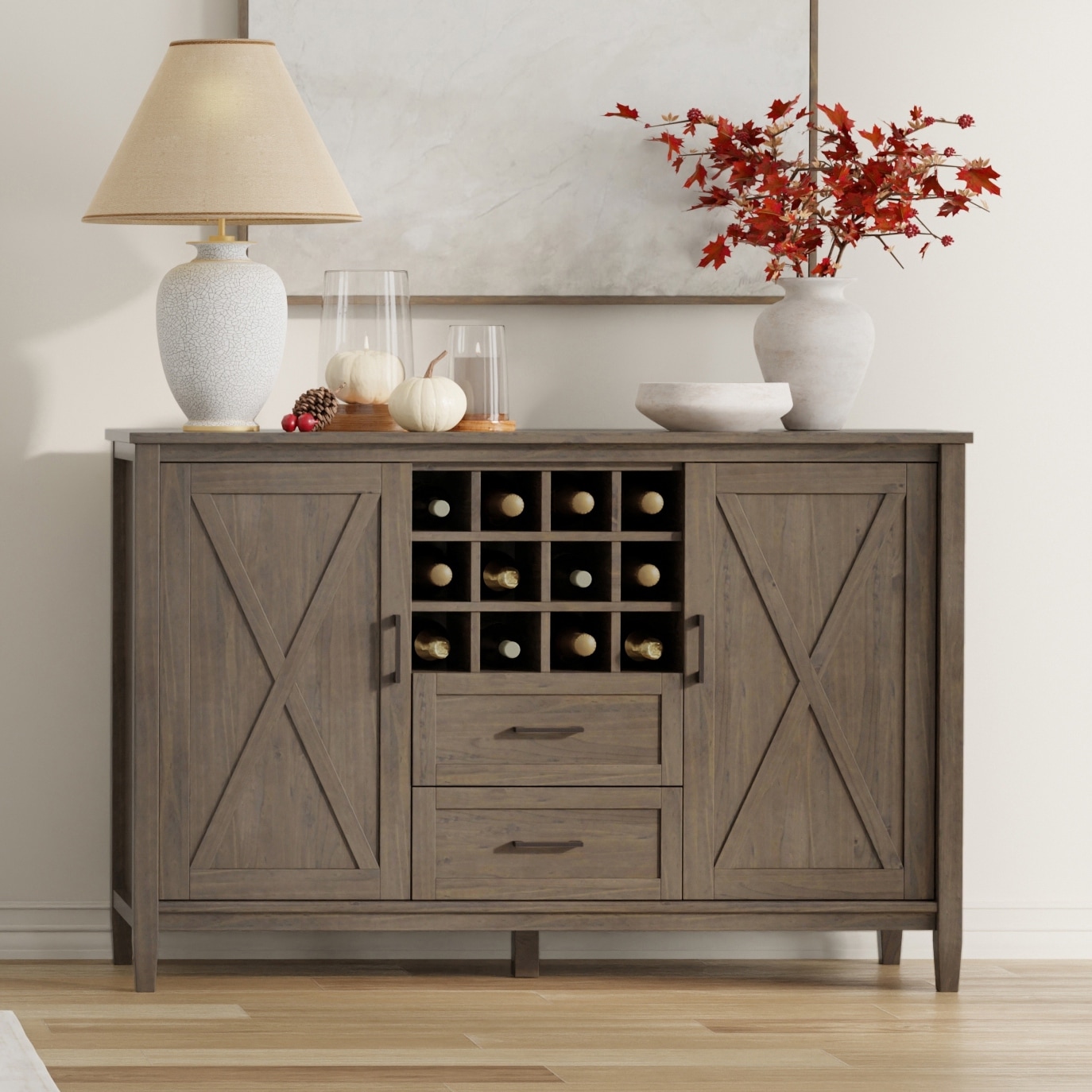 WYNDENHALL Cantina SOLID WOOD 54 inch Wide Rectangle Transitional Sideboard with Wine Storage in Smoky Brown