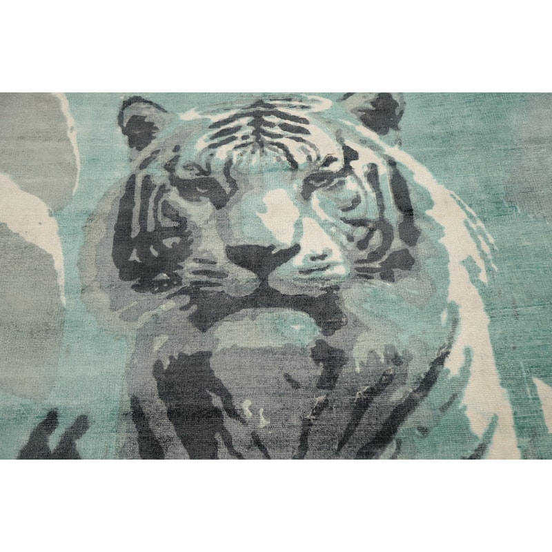 Hand Knotted Oriental Viscose Silk Carpet Modern Animal Pictorial Green Abstract Area Rug - 7' 10'' X 5' 6''